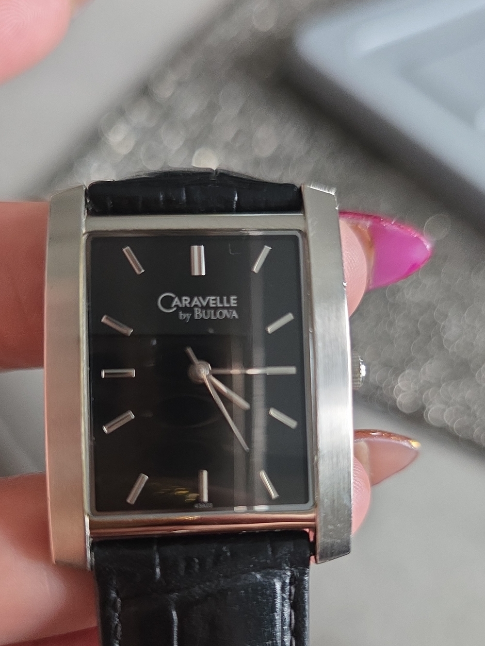 Bulova Black Dial Rectangular Dress Watch with Silver Case